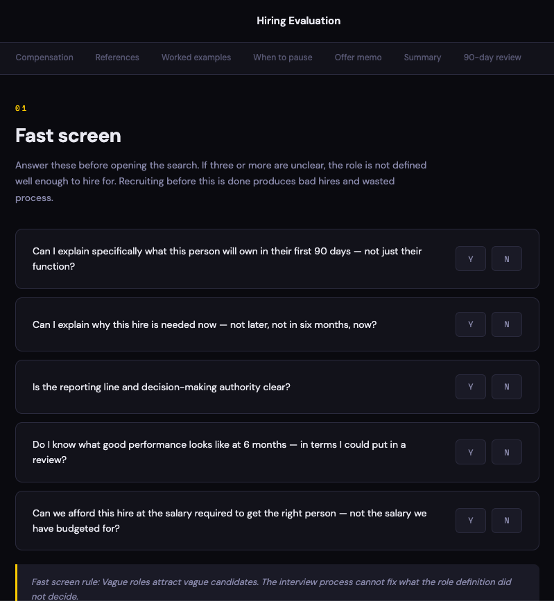 Fast screen section of the Hiring Evaluation tool
